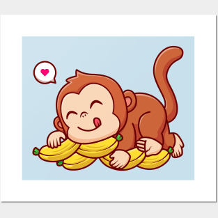 Cute Monkey Laying On Banana Cartoon Posters and Art